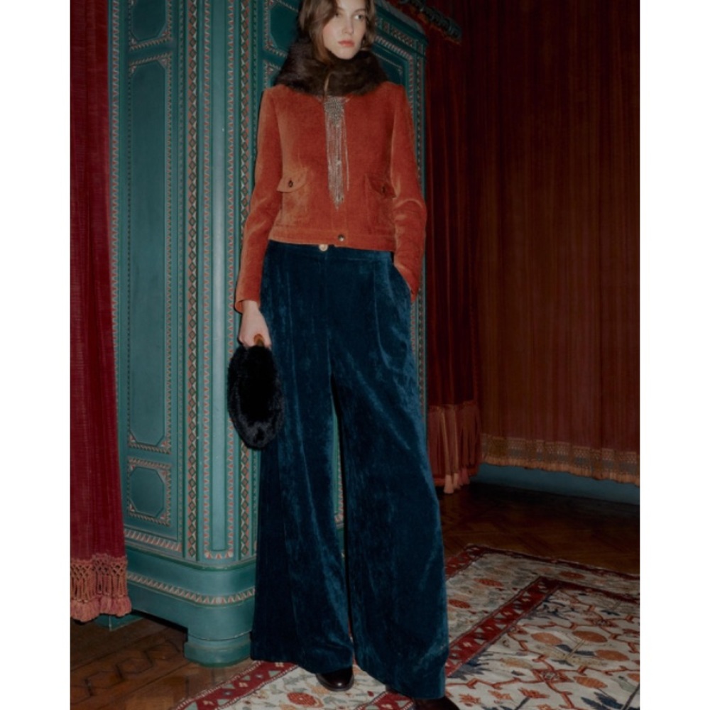 NWT Zara Peacock Blue Velvet Wide-Leg Pants